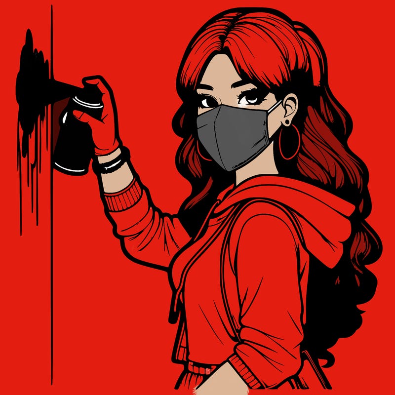 realistic girl with mask spray painting a wall