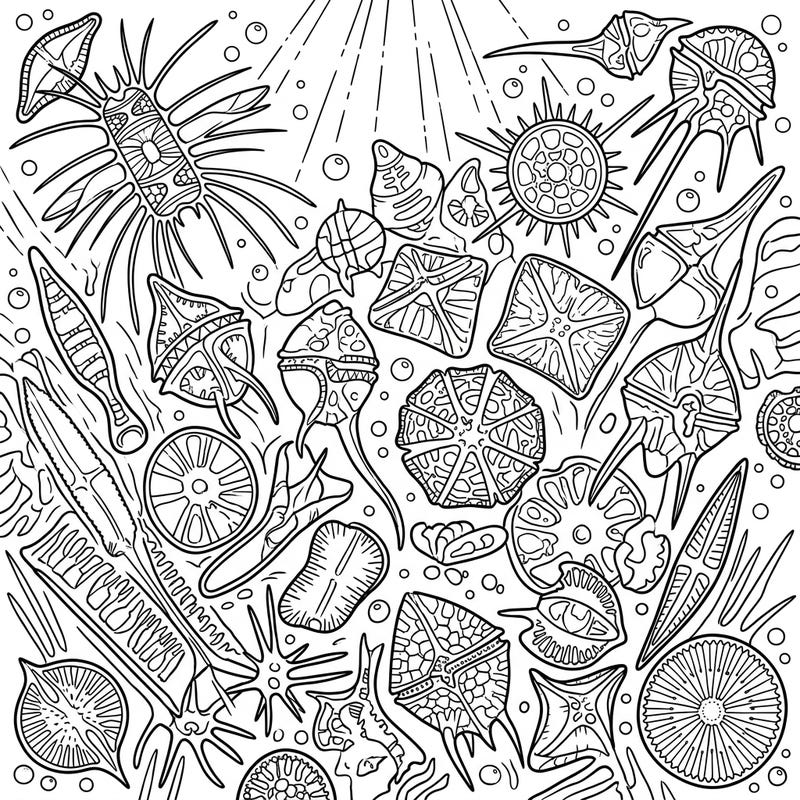 Uncover the hidden beauty of the ocean with this intricate phytoplankton coloring page. Discover a fascinating array of microscopic marine algae, perfect for an engaging and educational coloring experience.