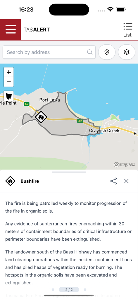 TasALERT - TasALERT app screen showing a bushfire alert and interactive incident map
