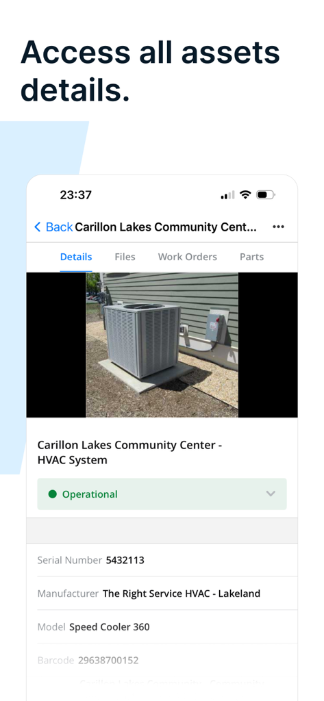 UpKeep Work Order Maintenance - UpKeep mobile app screen displaying HVAC asset details and operational status