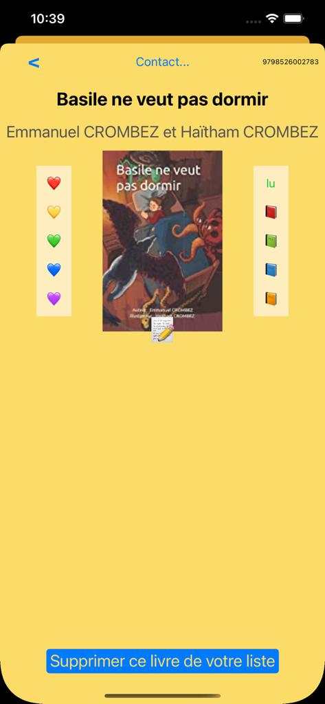 Una página de detalles de un libro en la aplicación ISBN que muestra el título, el autor, la imagen de portada y los iconos de organización.