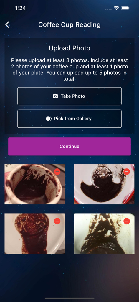 Photo upload screen for coffee cup reading showing thumbnails of coffee grounds and instructions.