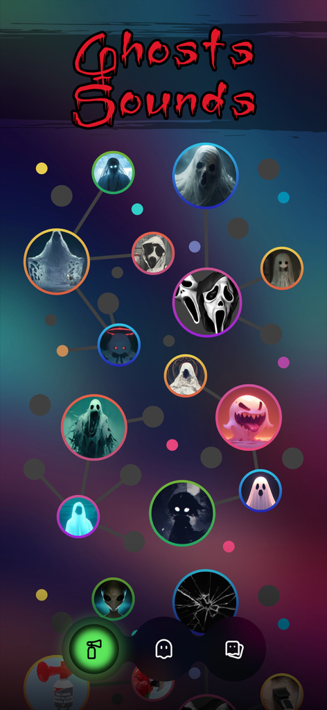 Bildschirm zur Auswahl gruseliger Geistergeräusche in der AR Spirits Box App mit einer Vielzahl von Geister-Icons in einem verbundenen Netzlayout.