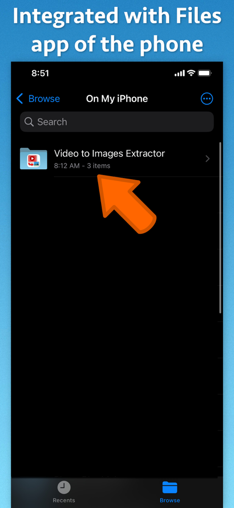 Video to Images Extractor - Captura de pantalla que muestra la carpeta del Extractor de Vídeo a Imágenes integrada en la aplicación Archivos de iPhone