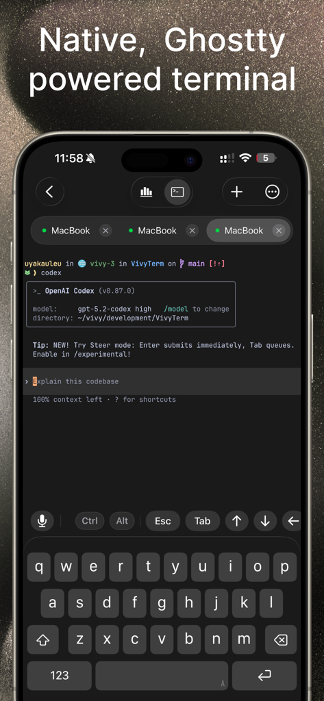 VVTerm - Interface de l'application mobile VVTerm montrant un terminal natif propulsé par Ghostty avec une barre d'outils clavier personnalisée sur iPhone