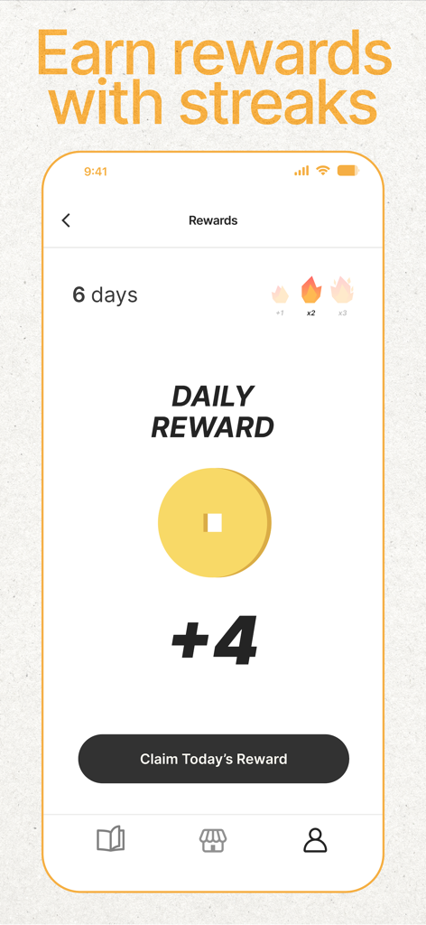 Writeway: Journal & Diary - Writeway app rewards screen showing a six-day streak and a daily coin reward