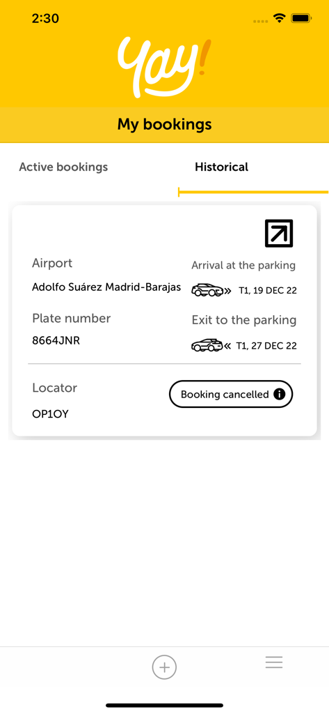 Una captura de pantalla de la app ¡Yay! que muestra la pantalla de reservas históricas con una reserva de aparcamiento cancelada para el aeropuerto de Madrid Barajas.