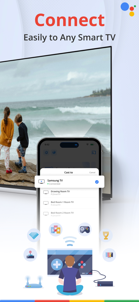 TV Cast: Mirror Home Screen - Smartphone screen showing the TV Cast app interface with options to connect to multiple smart TVs like Samsung and bedroom TVs.