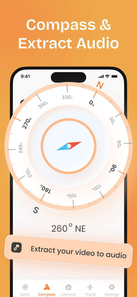 Interface de boussole numérique avec un bouton pour extraire l'audio de la vidéo dans l'application mobile Travel Camera et Compass