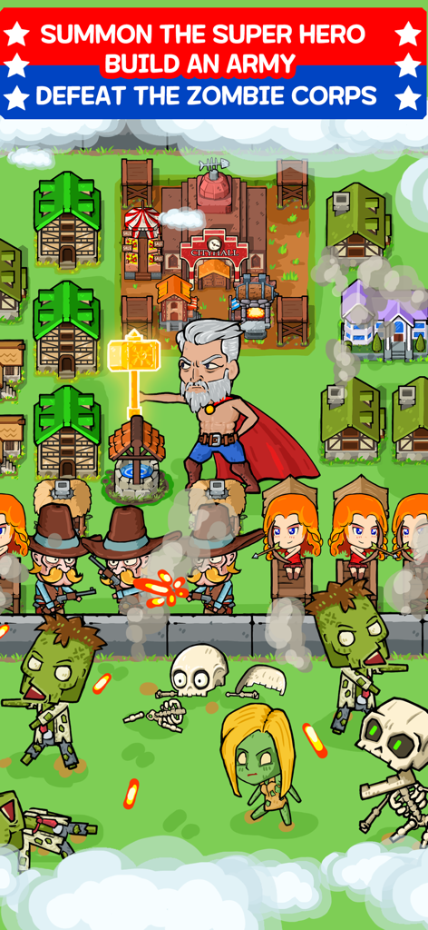 Zombie Mine - survival craft - A superhero character and an army of archers and gunners defending a city from zombies.