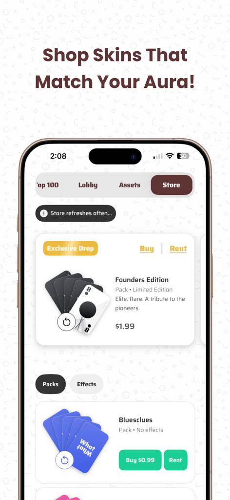 Whotnite - Play Whot Online - Whotnite app store screen showing customizable card skin packs including Founders Edition and Bluesclues.