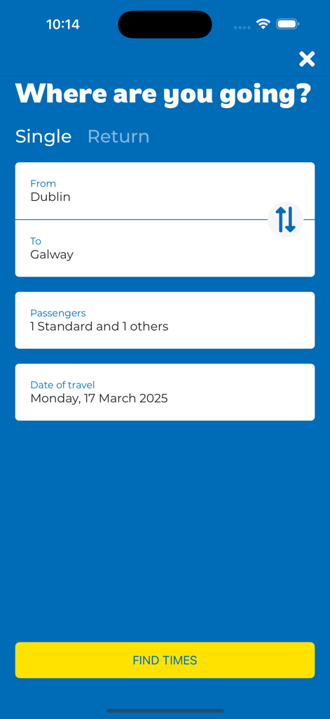 Irish Citylink - Écran de l'application mobile pour le service de bus Irish Citylink montrant la sélection d'itinéraire de Dublin à Galway.