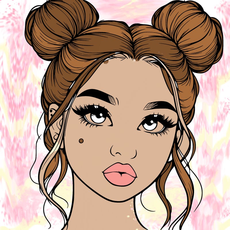 realistic girl with two buns on her hair and lips