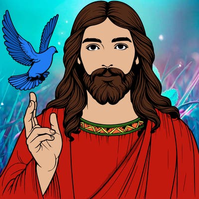realistic jesus with a beautiful dove flying above him