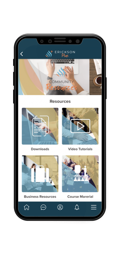 Erickson+ - Erickson Plus app dashboard showing coaching resources including downloads video tutorials business resources and course material