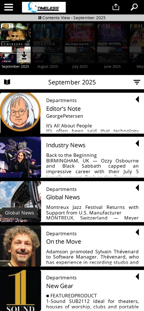 FRONT of HOUSE (FOH) Magazine - Content-Ansicht der FRONT of HOUSE Magazine App mit Branchennachrichten und neuen Ausrüstungsbereichen für September 2025.