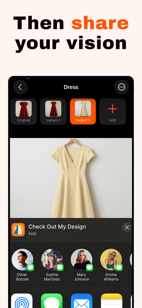 Interface of the Fashion Tailor app showing a dress design variant being shared with contacts
