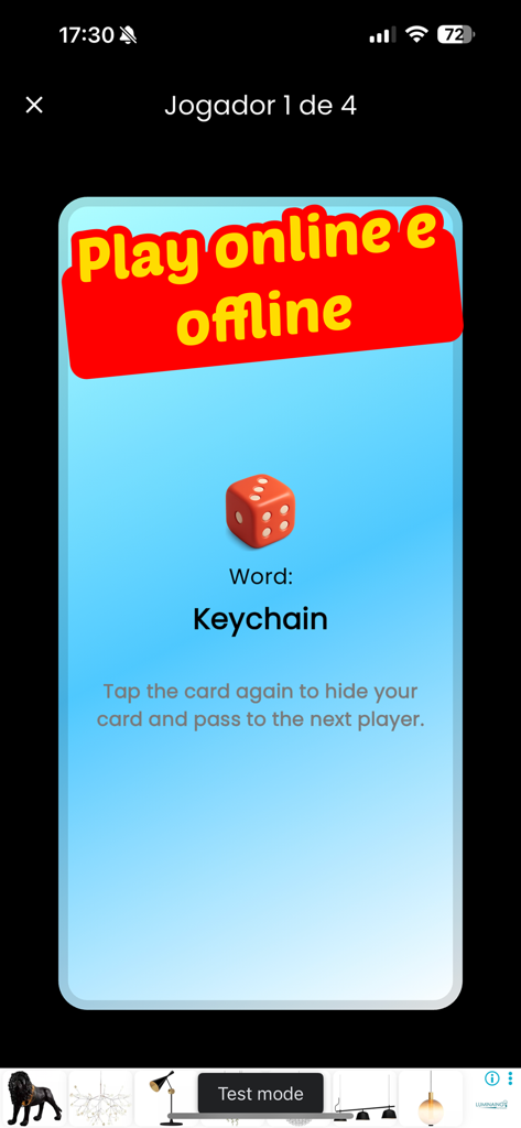 Who is the Impostor? - Interface de jogo do aplicativo Quem é o Impostor mostrando uma palavra secreta e instruções para passar o dispositivo para o próximo jogador.