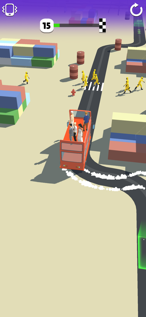 Bus Arrival 3D - An orange double decker bus driving through a 3D simulation level with passengers and shipping containers