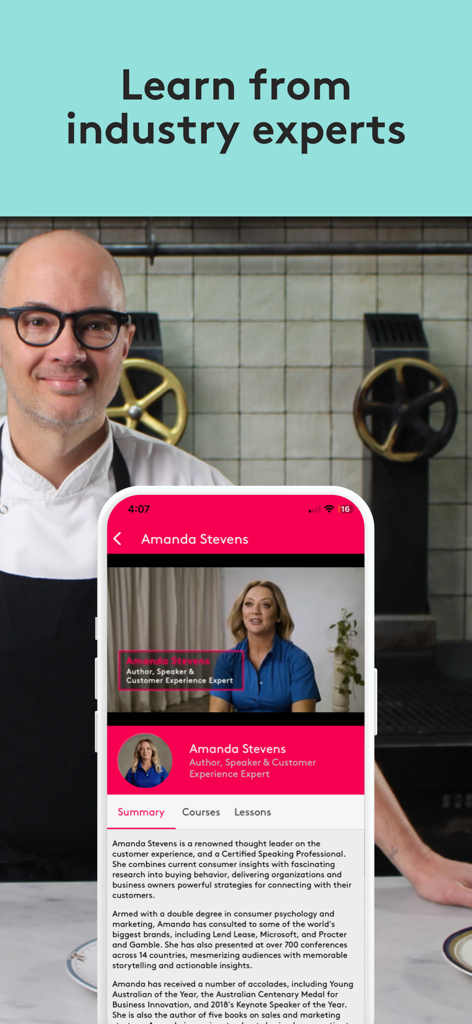 Typsy Mobile - Typsy mobile app screen displaying a hospitality expert profile for Amanda Stevens over a chef background