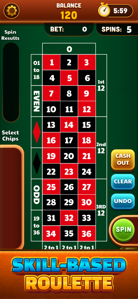 Real Money Roulette & Slots - A skill based roulette mobile game interface showing the betting table and balance.