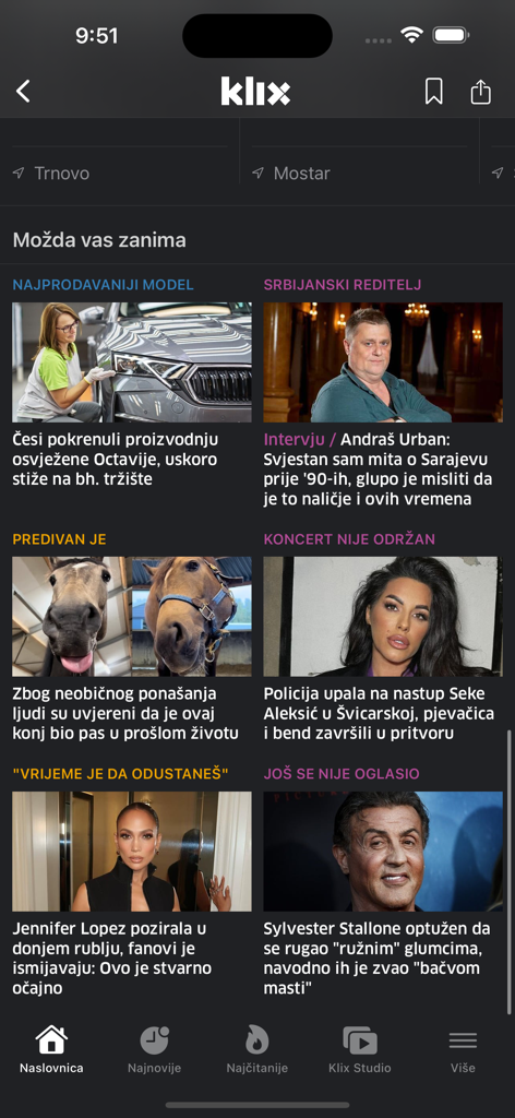 Interfaz de la aplicación de noticias Klix.ba mostrando un feed de artículos de estilo de vida y entretenimiento en idioma bosnio.
