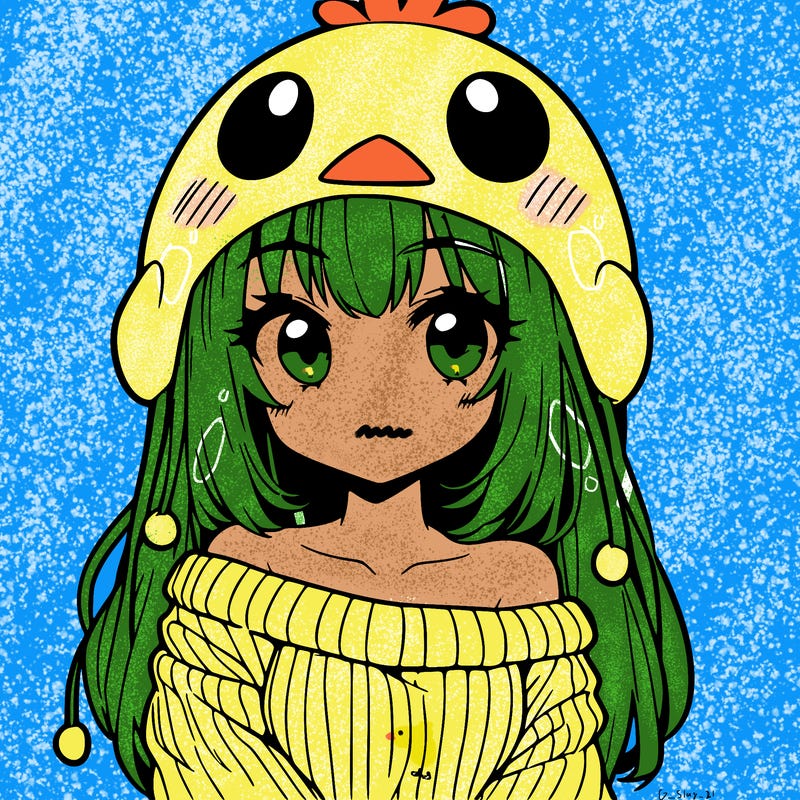anime girl with chick shaped hat with sweater with bare shoulders with bangs covering them one eye with low tail