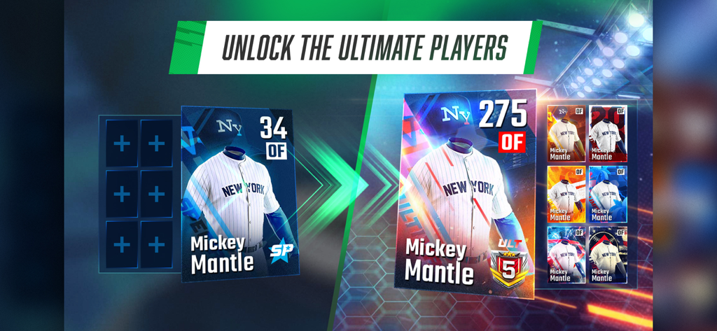 Unlock Ultimate Players feature showing a Mickey Mantle card upgrade in Franchise Baseball Pro GM