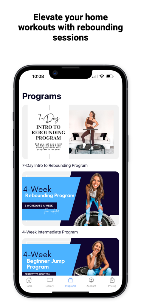 Jump&Jacked - Jump and Jacked app interface showing a list of home rebounding workout programs on mini trampolines.