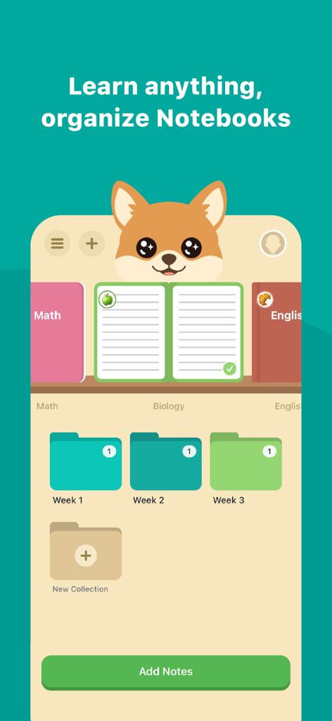 Mobile app interface of StudyPet featuring a cute fox character and organized digital study notebooks and weekly folders.