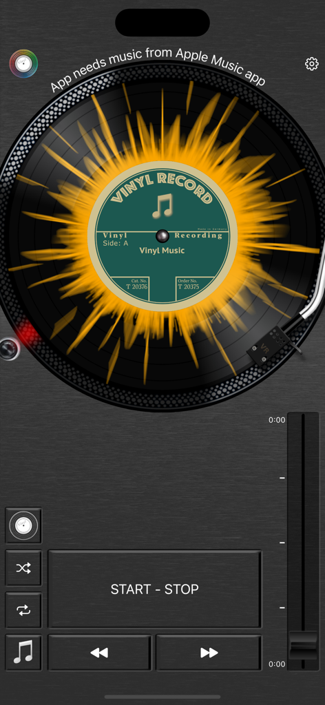Vinyl Record - A virtual vinyl record player with a yellow sunburst pattern disc on a digital turntable interface.