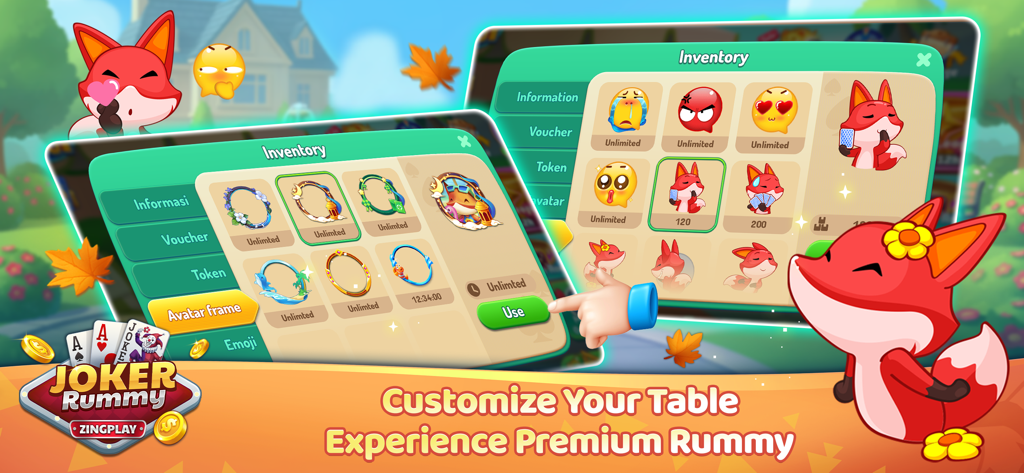 Joker Rummy ZingPlay - Joker Rummy ZingPlay inventory screen showing various customization options for avatar frames and emojis with a cute fox mascot.
