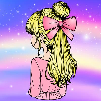 realistic girl  with hip length hair a bun and a big bow on the back of head