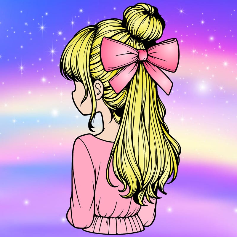 realistic girl  with hip length hair a bun and a big bow on the back of head
