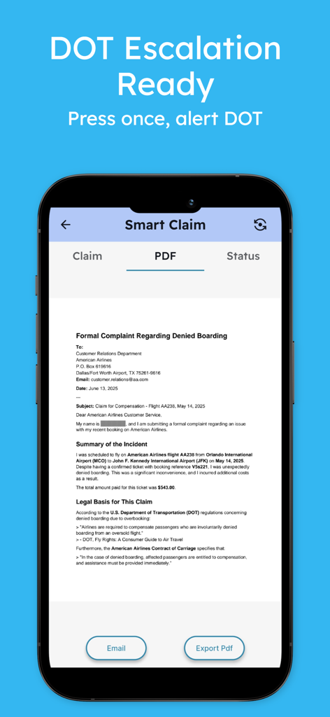 RefundMe AI travel claims - Screenshot of the RefundMe app showing a generated formal travel complaint PDF ready for DOT escalation.