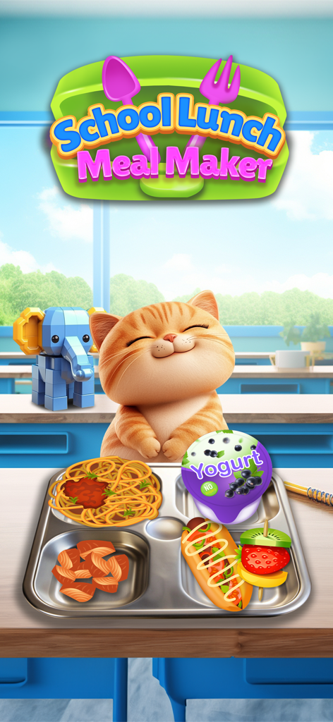 School Lunch Food Meal Maker - Tela de título do aplicativo School Lunch Meal Maker com um gato laranja fofo e uma bandeja com espaguete, cachorros-quentes e frutas.