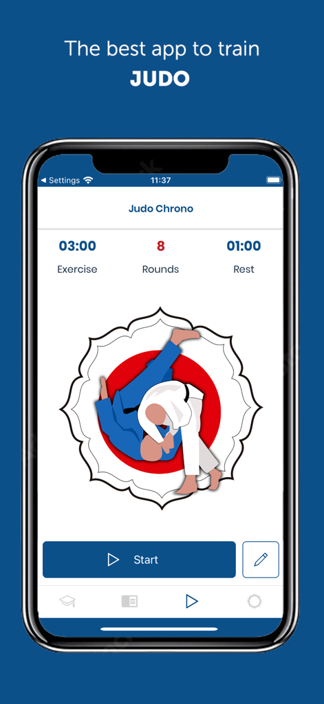 Judo Timer Gokyo - Interface of the Judo Timer Gokyo app showing the interval timer for judo rounds and training exercises.