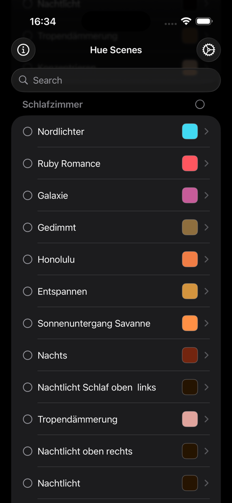 A list of Philips Hue lighting scenes with color indicators ready for selection and import.