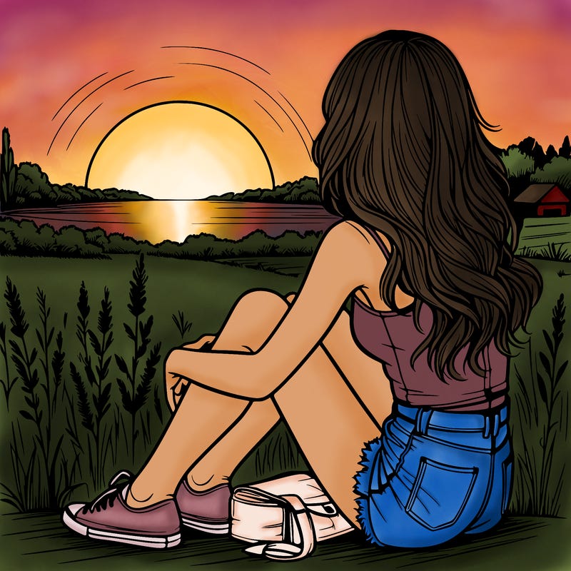 realistic girl sitting and watching the sunset