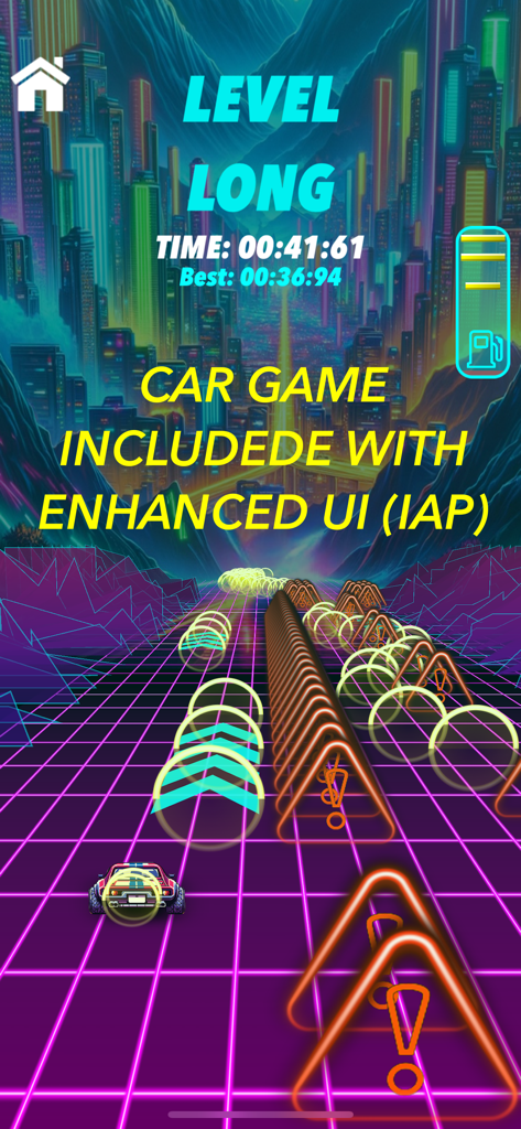 iDaft Jamming car game mode featuring a neon synthwave grid with a racing car and futuristic city background