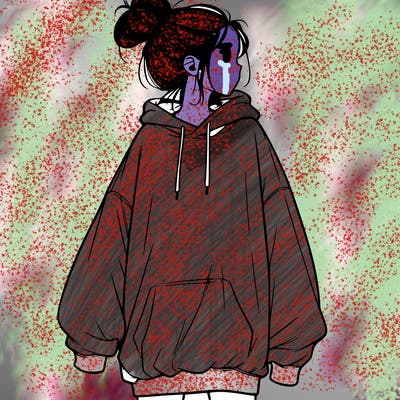 realistic girl with a oversized sweatshirt on and a bun