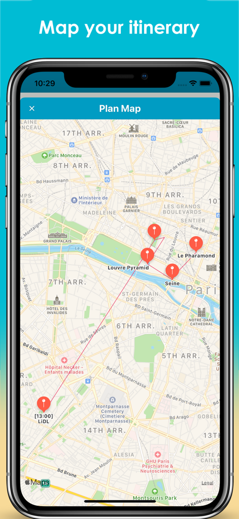 SaveTrip - SaveTrip 앱에 파리의 여행 일정이 위치 핀과 경로로 매핑되어 표시됩니다.