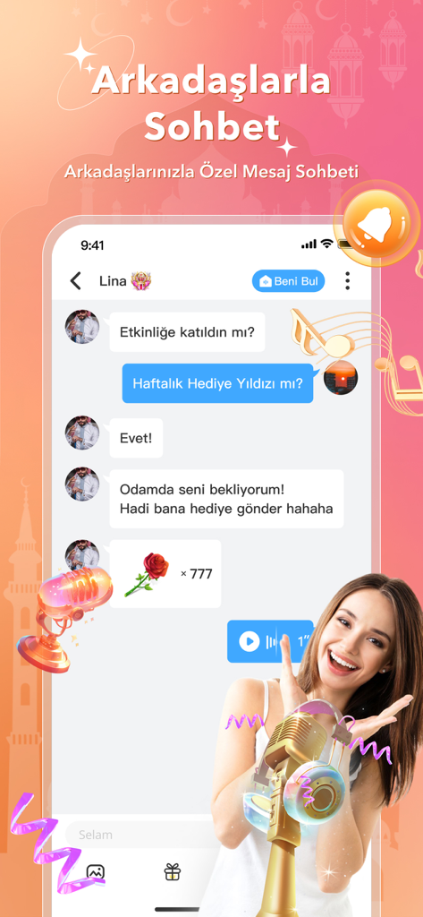 Witok - Sohbet, Parti & Oyun - Witokアプリのプライベートチャットインターフェース、トルコ語のテキストメッセージとバーチャルローズギフトを表示