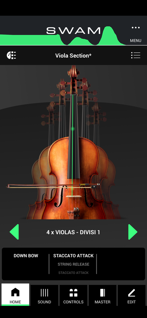 The home screen interface of the SWAM Viola Section app showing a viola ensemble and performance settings.