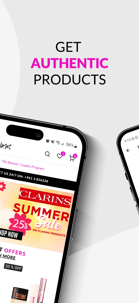 Loolia Closet - Loolia Closet mobile app interface displaying authentic beauty products and a Clarins summer sale promotion