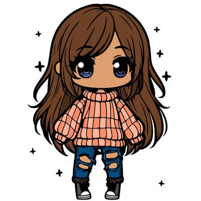 chibi girl with ripped jeans,long hair, and an oversized sweater