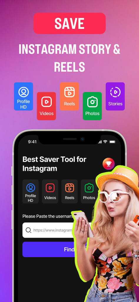 Instadp - Insta Profile Zoomer - Interface do aplicativo Instadp mostrando opções para salvar stories e reels do Instagram