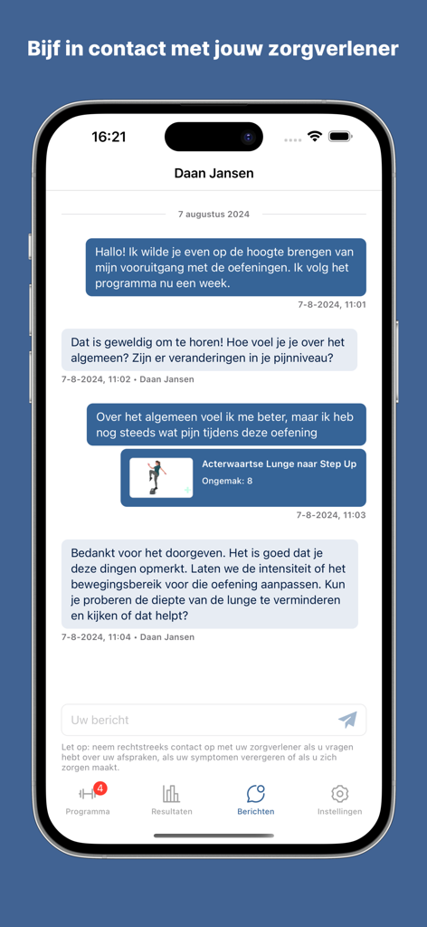 FBTO Online Fysio - Una interfaz de chat en la aplicación Fisioterapia Online FBTO mostrando a un paciente comunicándose con un fisioterapeuta sobre el progreso del ejercicio y el nivel de incomodidad.