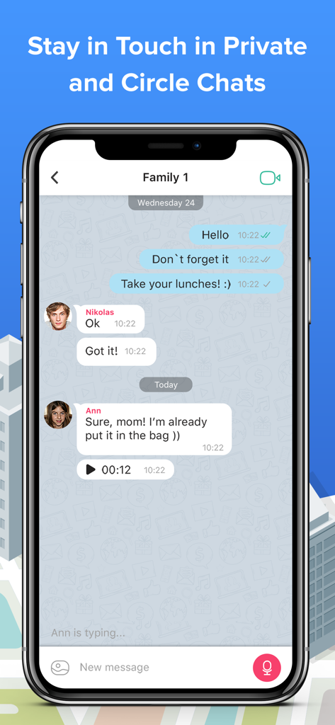 A secure private family group chat interface in the Fameelee app displaying messages between parents and children