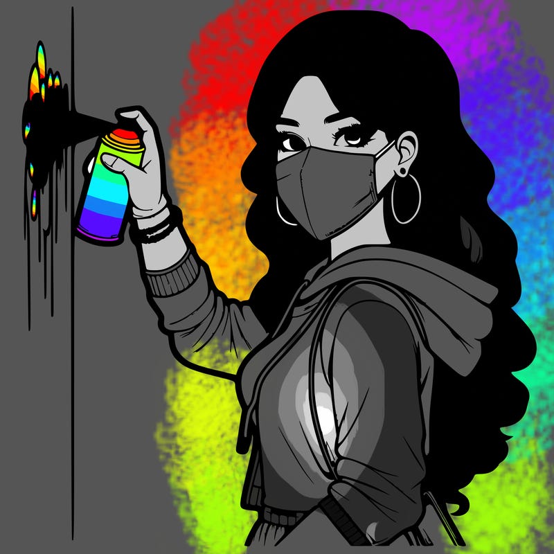 realistic girl with mask spray painting a wall